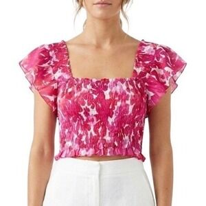 Tiare Hawaii Blouse Womens M/L Pink Floral Smocked Ruffle Crop Top Boho Tropical